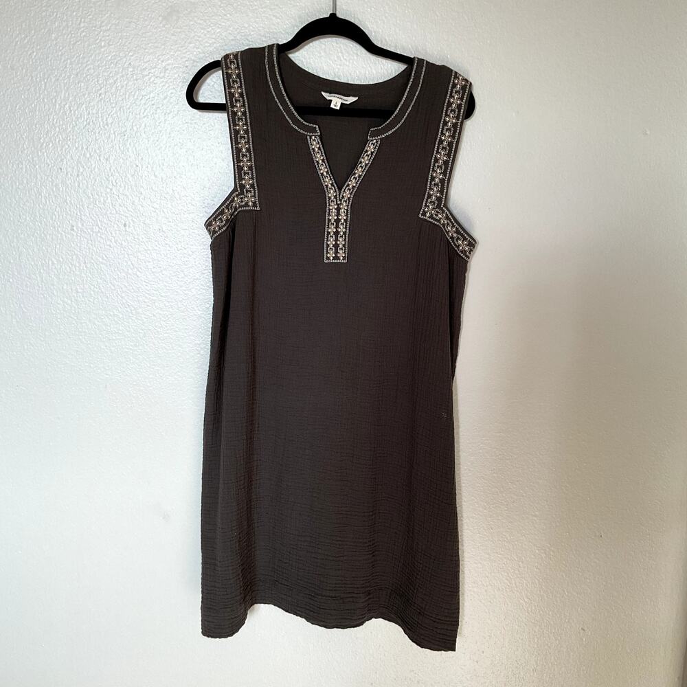 Lucky Brand Double Gauze Cotton Shift Dress Embroidered Notch V-Neck Gray L